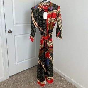 chain detail collar satin midi dress